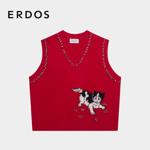 ERDOS 叠穿 纯羊绒猫咪提花针织背心女秋冬V领新红厚款