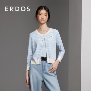 夏纯棉圆领双提女士上衣 蓝色格纹针织开衫 ERDOS 复古法式