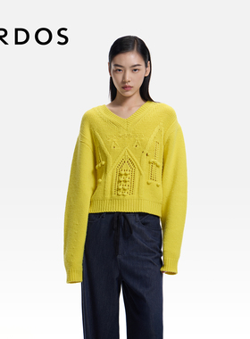 ERDOS V领翻花套衫26年早春新品女装毛绒材质多巴胺色针织衫上衣