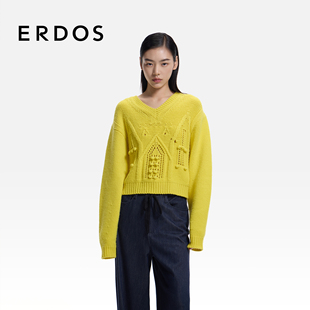 毛绒材质多巴胺色针织衫 ERDOS 女装 26年早春新品 上衣 V领翻花套衫