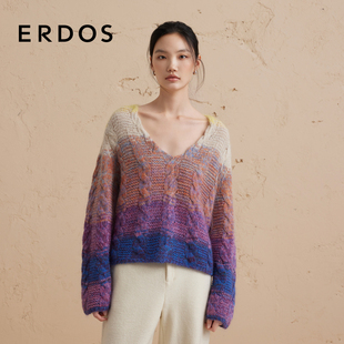 女冬宽松慵懒厚款 ERDOS马海毛V领针织衫 毛衣 撞色绞花