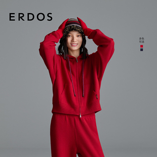 ERDOS 女士微廓形通勤红色上衣 弹力带帽羊绒双提外套25年秋冬新品