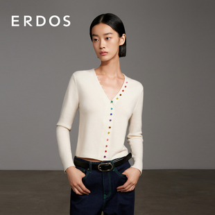 精纺 彩虹扣修身 ERDOS 春季 针织毛衣女 V领白色羊绒开衫