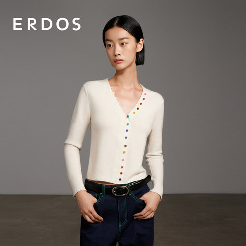 Erdos精紡V领羊绒开衫