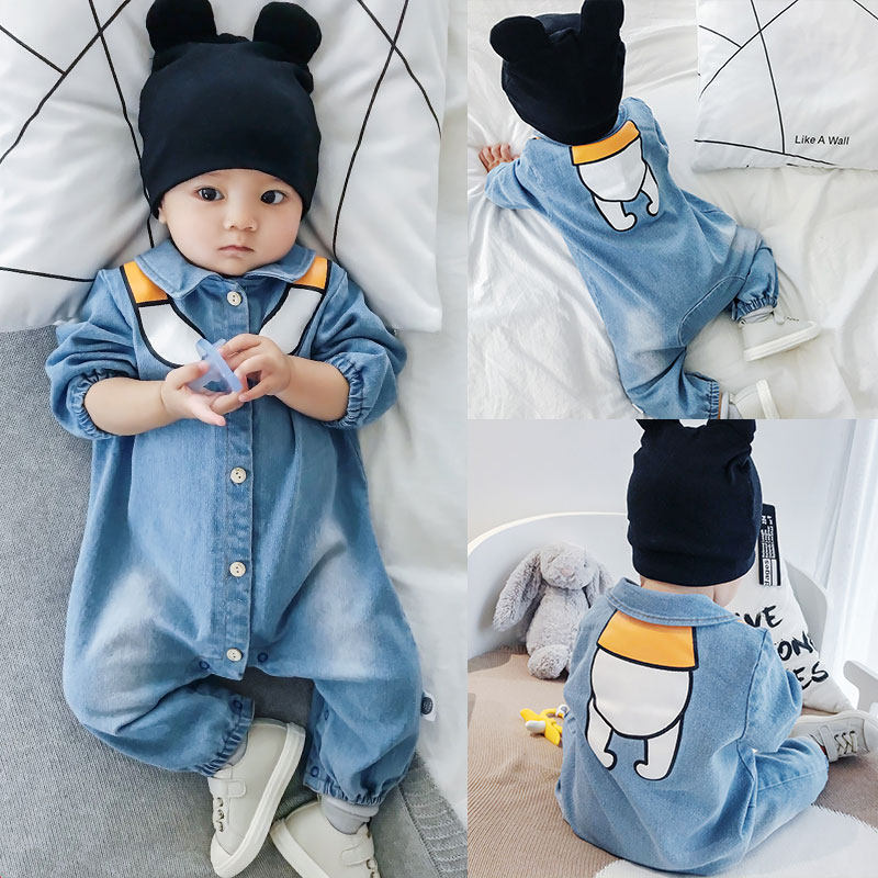 男婴儿牛仔连体衣服外穿秋季外出服宝宝春秋秋装套装秋款洋气一岁
