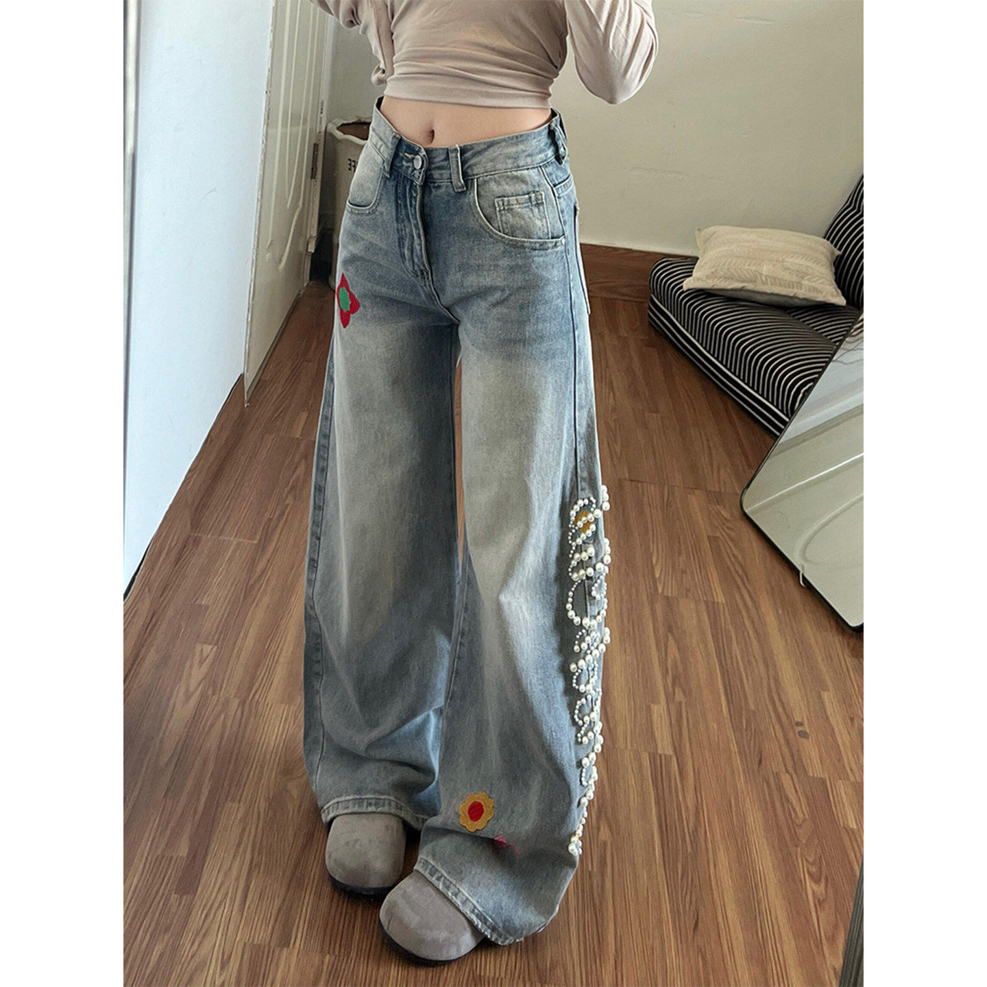 NEXT Renmei美式辣妹小众时尚个性牛仔裤子女复古设计感立体花卉