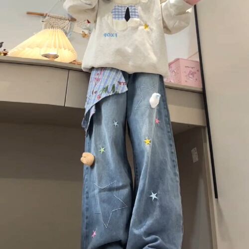 美式复古星星刺绣方巾阔腿牛仔裤
