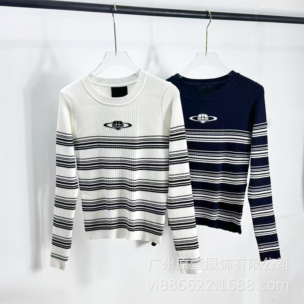 2025西太后土星新款条纹针织衫时尚潮牌圆领套头拼色长袖秋慵懒风