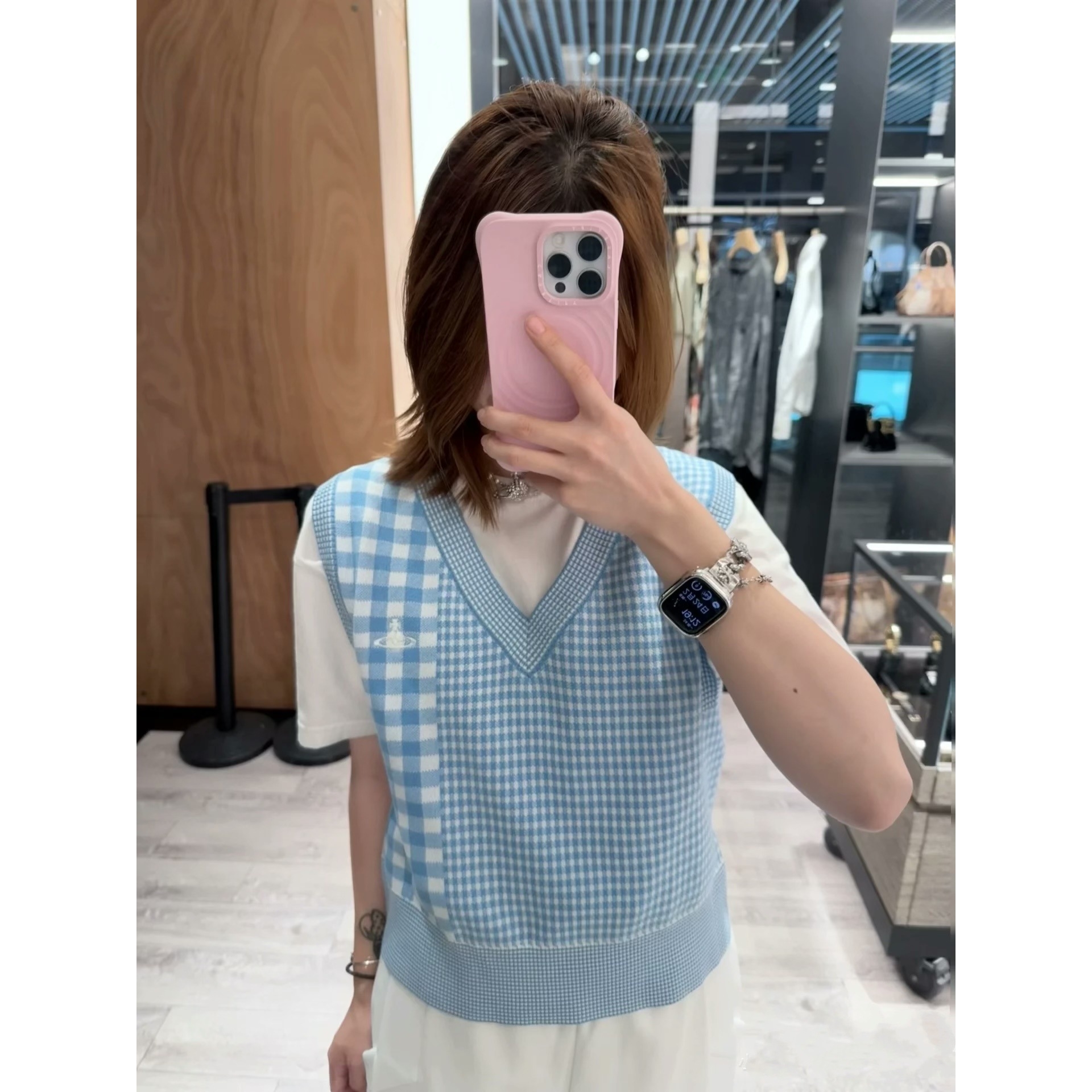 2025西太后土星新款撞色格纹背心小刺绣韩系时尚百搭少女感V领马