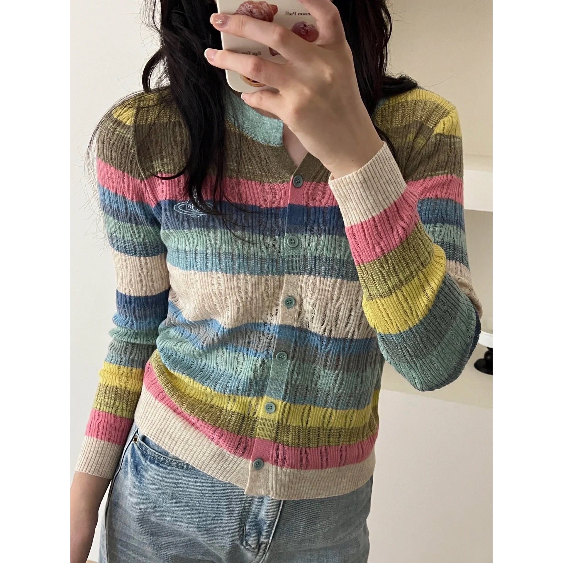 2025西太后土星新款彩虹针织开衫软糯亲肤撞色圆领慵懒风长袖毛衣