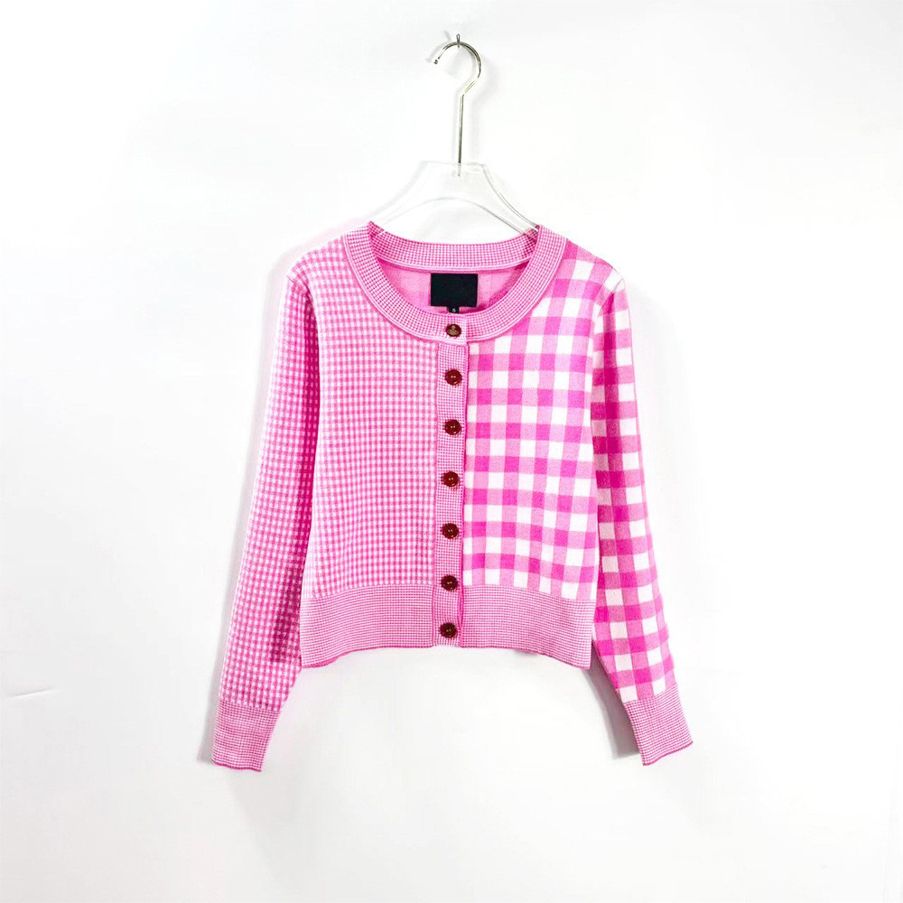 2025西太后土星三标齐格子毛衣洋气甜美格纹撞色圆领开衫针织衫外