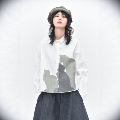 设计感气质猫咪影子印花长袖衬衫女复古文艺风衬衣三与二出89632