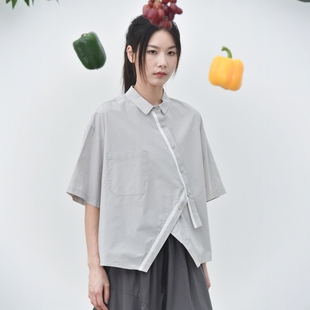 设计感气质撞色拼条斜门襟短袖衬衫女文艺小众宽松上衣还有山6622