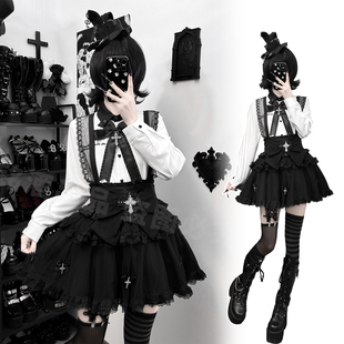 黑纱裙蕾服套装 铭酒学园y2k亚文化蕾系秋冬女士白色刺绣长袖 衬衫