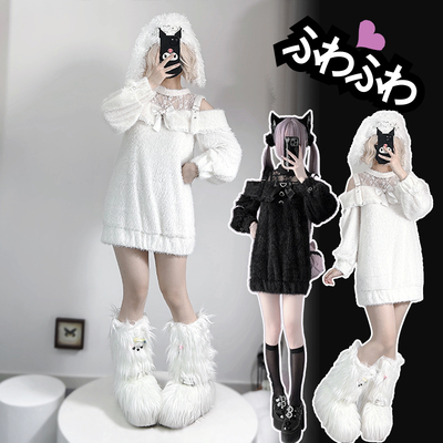 铭酒学园天雷系蕾丝长款黑色毛衣