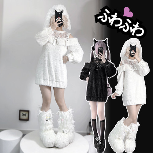 铭酒学园天雷系蕾丝长款黑色毛衣