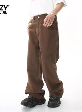 zfzy美式高街复古棕色裤男古着vintage休闲裤潮流直筒宽松牛仔裤