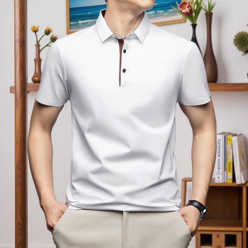 桑蚕丝弹力百搭翻领短袖T恤夏季新款男士休闲纯色商务体恤赫祖丁