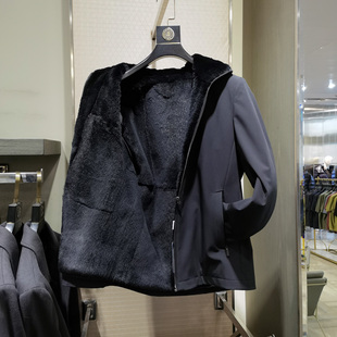 高端连帽翻领兔毛皮内胆尼克服男冬季新款时尚休闲保暖派克服外套