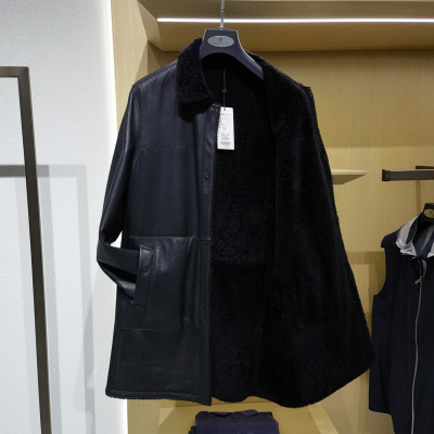 高端中长款翻领皮毛一体男士冬季真羊皮尼克服裘皮草保暖外套方仕