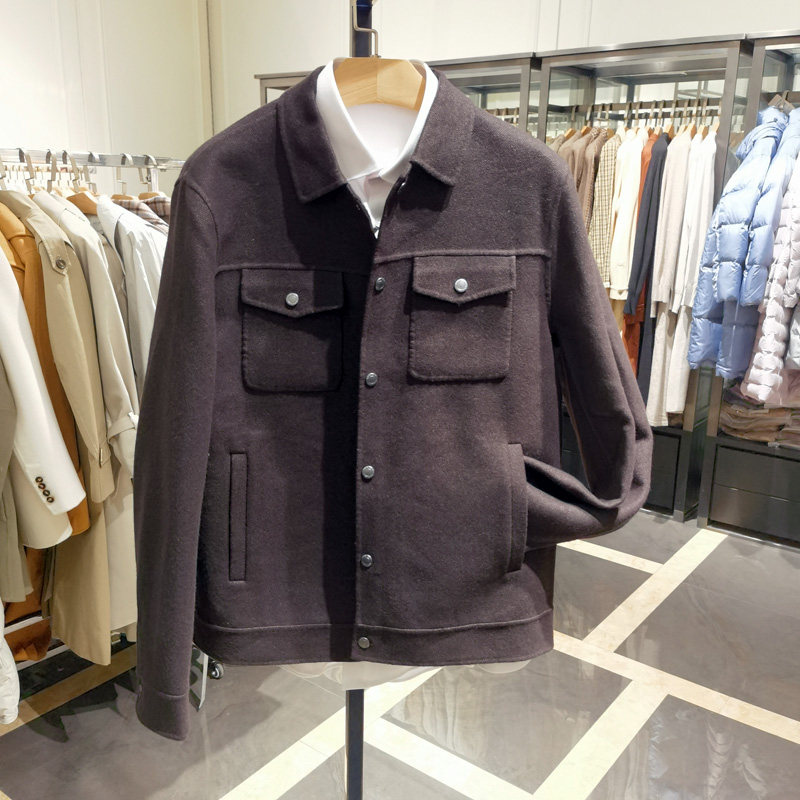高端时尚绵羊毛柞蚕丝翻领夹克男士秋冬新款休闲茄克外套凯文凯利