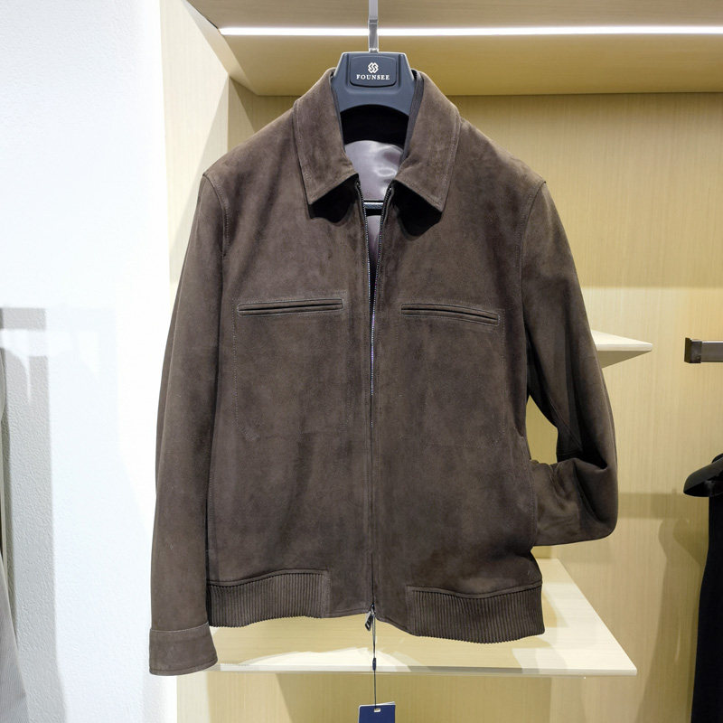 高端商务休闲翻领真皮衣男士冬季新款反绒皮时尚帅气羊皮外套方仕