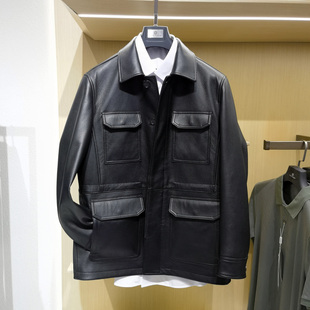 高端鹿皮商务休闲翻领真皮衣男士 防风保暖皮茄克外套方仕 夹克时尚