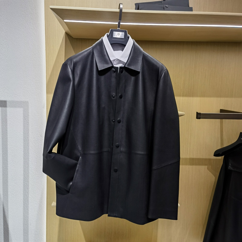 高端商务休闲翻领真皮衣男士镂空时尚帅气羊皮外套 方仕FOUNSEE