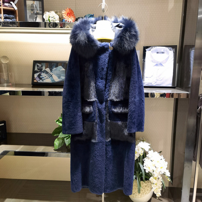 狐狸毛领水貂毛保暖真羊皮毛一体女长款时尚连帽尼克服裘皮草方仕
