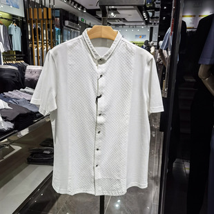 高端纯棉商务立领短袖衬衫男士夏季新款休闲舒适半袖衬衣凯文凯利