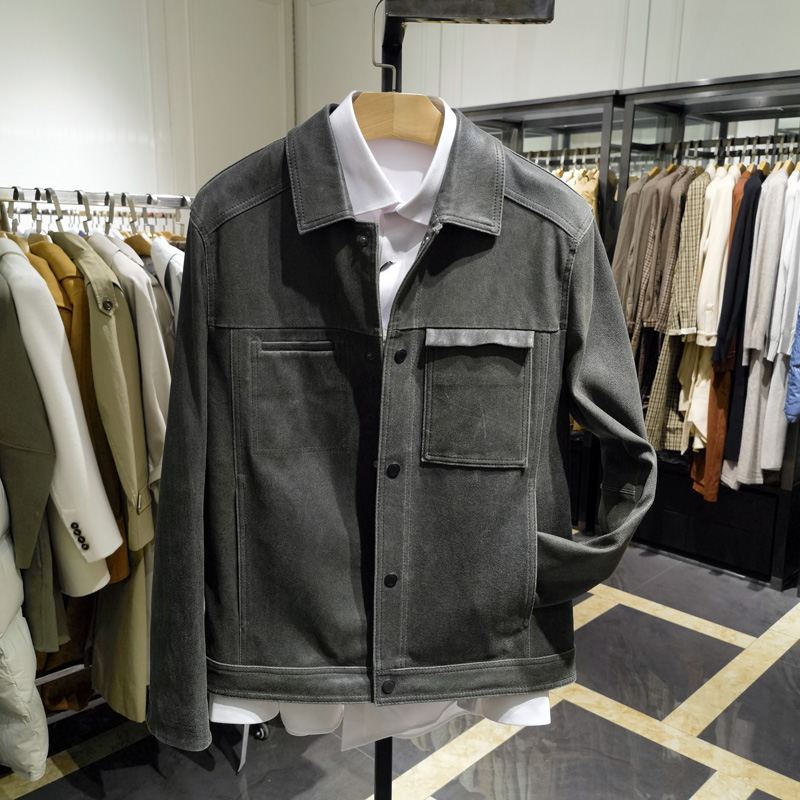 高端时尚翻领皮衣真皮男士休闲帅气羊皮外套保暖商务皮夹克诺丁山