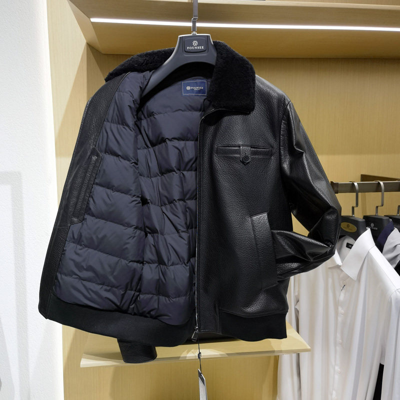 高端皮毛一体领皮衣真皮男冬季休闲白鹅绒内胆羽绒绵羊皮外套方仕