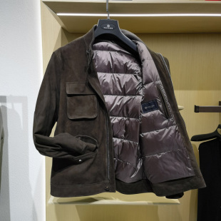 休闲白鹅绒羽绒绵羊皮外套方仕 皮衣真皮男冬季 高端机车款 立领时尚