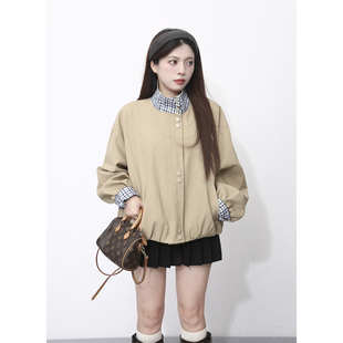 复古格纹拼接撞色短外套韩系夹克秋季 150小个子 EYE 大眼LARGE