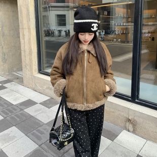 韩版 大眼LARGE 皮毛一体麂皮机车服复古冬季 卡布奇诺 设计感 EYE