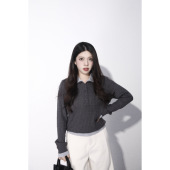 EYE 高智淡感 翻领灰黑假两件小个子针织衫 大眼LARGE 修身 显瘦冬