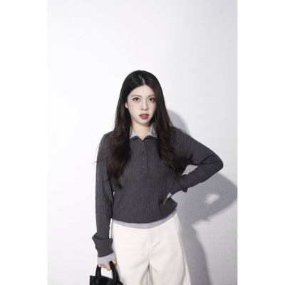 大眼LARGE EYE 高智淡感 翻领灰黑假两件小个子针织衫修身显瘦冬