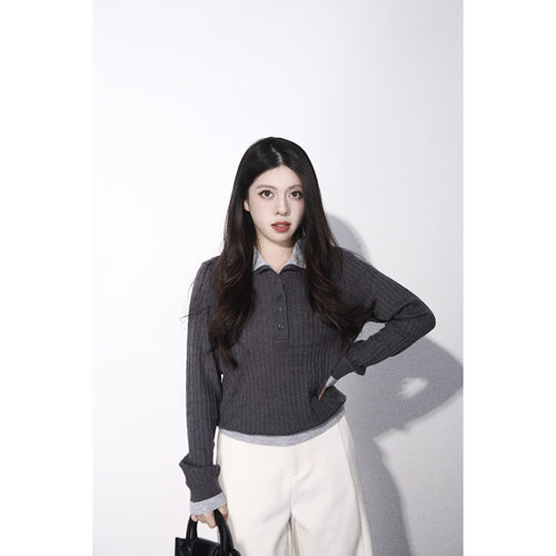 大眼LARGE EYE 高智淡感 翻领灰黑假两件小个子针织衫修身显瘦冬