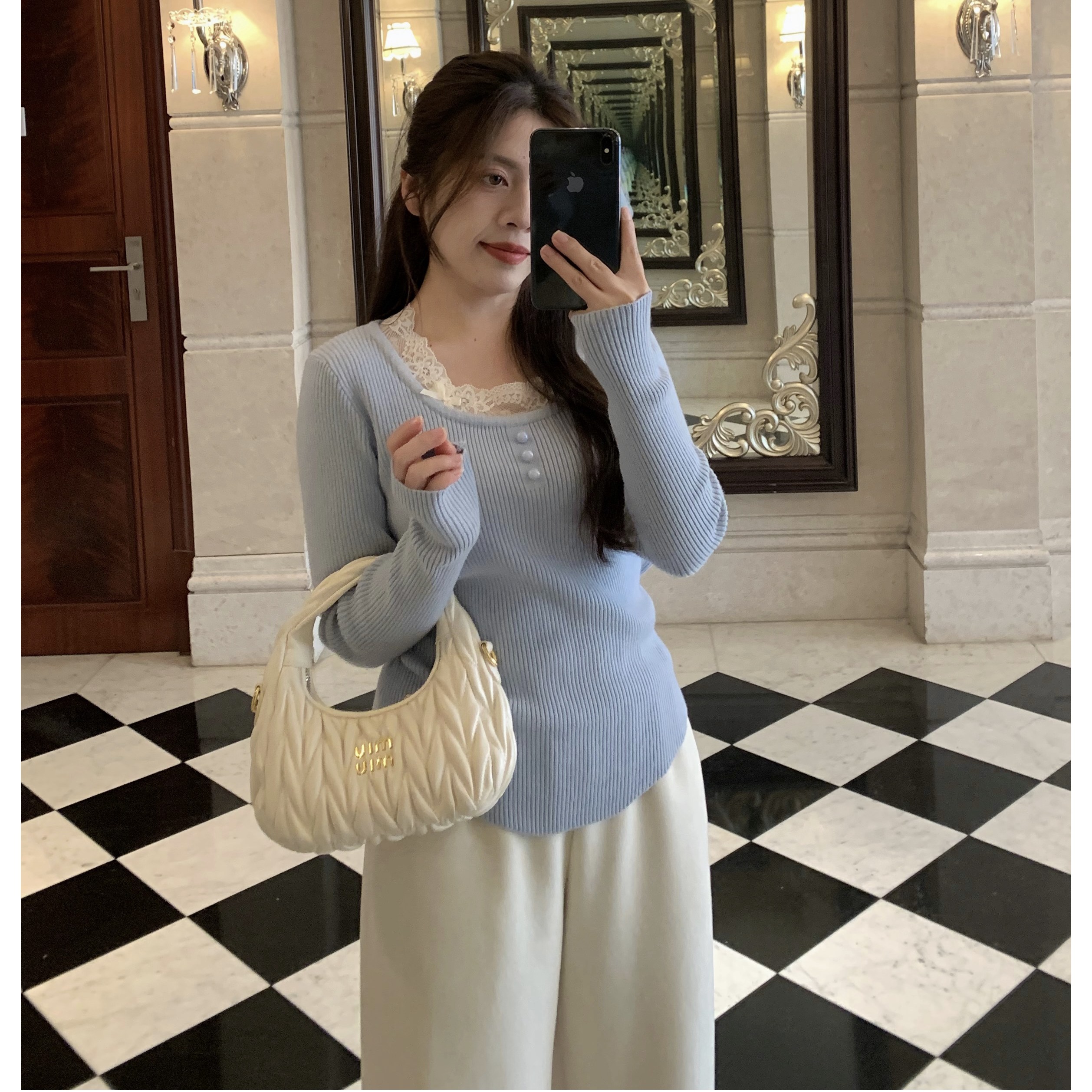 大眼LARGE EYE小个子蕾丝针织衫秋冬修身内搭上衣冬季长袖