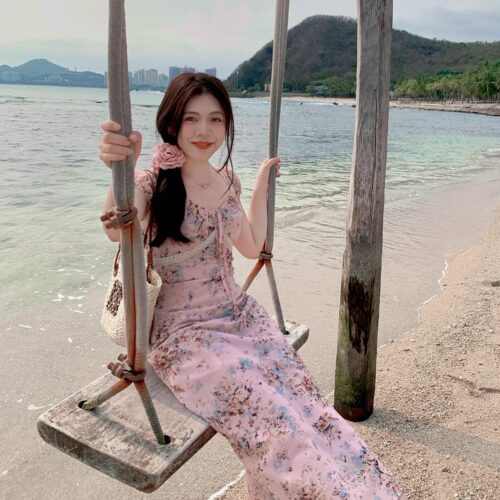 大眼自制Large eye法式斜裁v领连衣裙150小个子夏设计感印花长裙