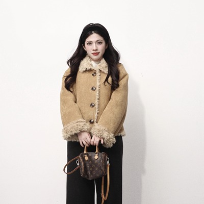 大眼LARGE EYE 蜜糖熊熊 毛毛领小个子外套冬季加绒保暖外套松弛