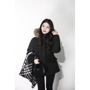 大眼LARGE 保暖连帽加厚防风外套黑色羽绒服 EYE毛领派克服女冬季