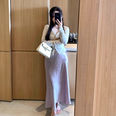 大眼LARGEEYE气质醋酸半身裙小个子女春夏垂坠感显瘦斜裁鱼尾长裙