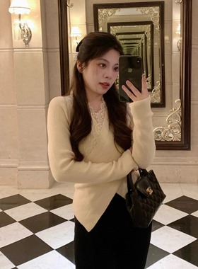 大眼LARGE EYE针织打底衫V领显瘦设计感小个子百搭气质蕾丝毛衣