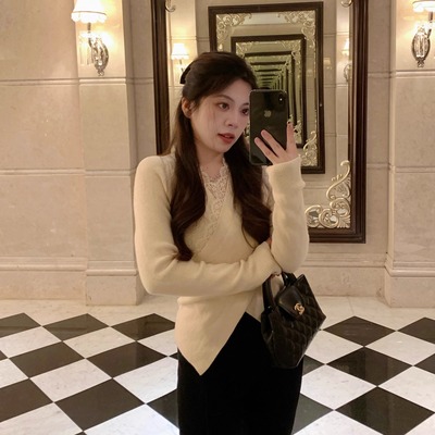 大眼LARGE EYE针织打底衫V领显瘦设计感小个子百搭气质蕾丝毛衣