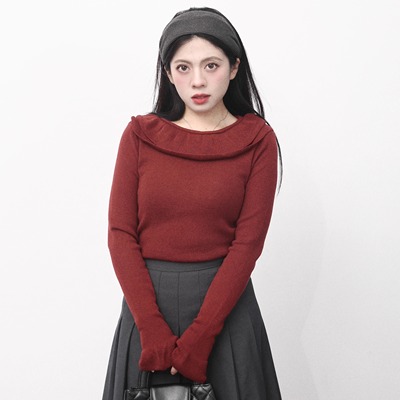 大眼LARGE EYE 小个子法式设计感花边领针织打底衫女修身内搭长袖