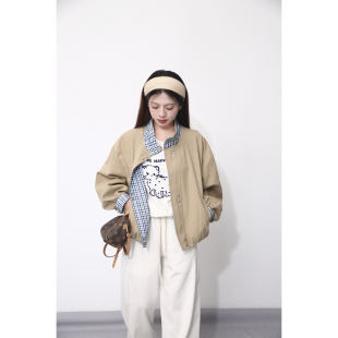 大眼LARGE 轻咖系小个子复古格纹拼接撞色短外套韩系夹克早春 EYE