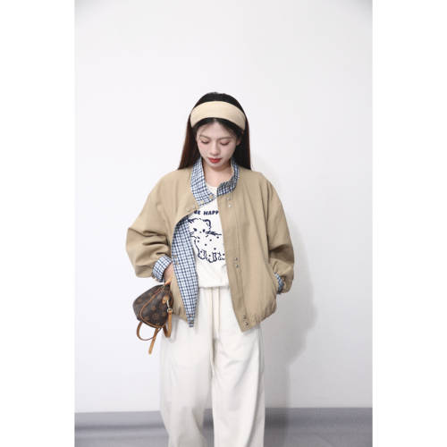 大眼LARGE EYE 轻咖系小个子复古格纹拼接撞色短外套韩系夹克早春