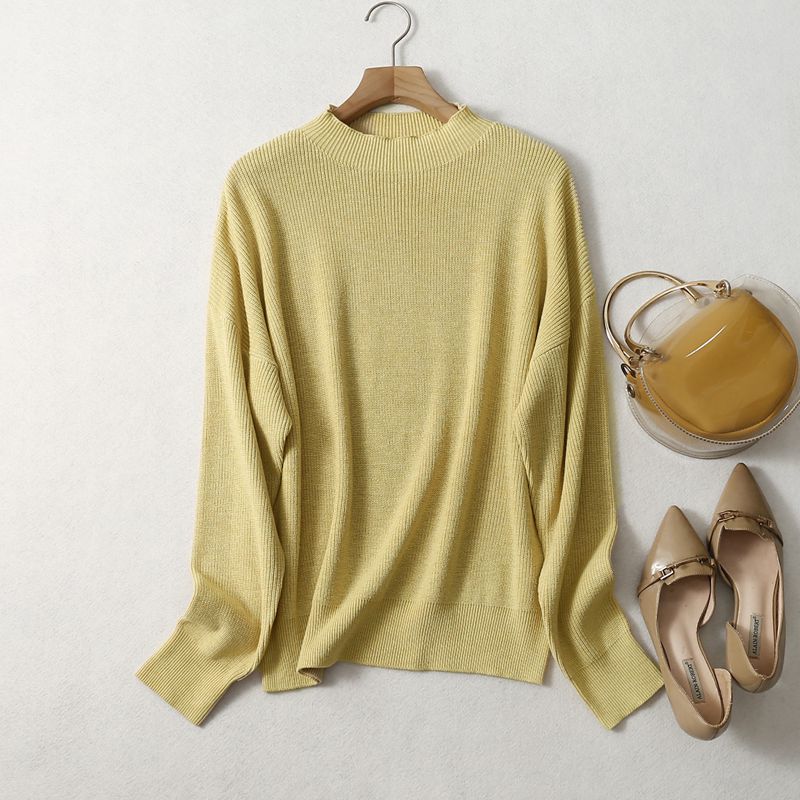 秋冬新品女半高领针织衫绢丝羊绒混纺落肩袖上衣休闲套头长袖毛衣