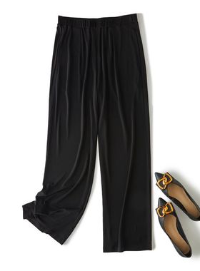 夏季女真丝加捻直筒裤桑蚕丝宽松休闲阔腿裤显瘦九分裤黑色有口袋